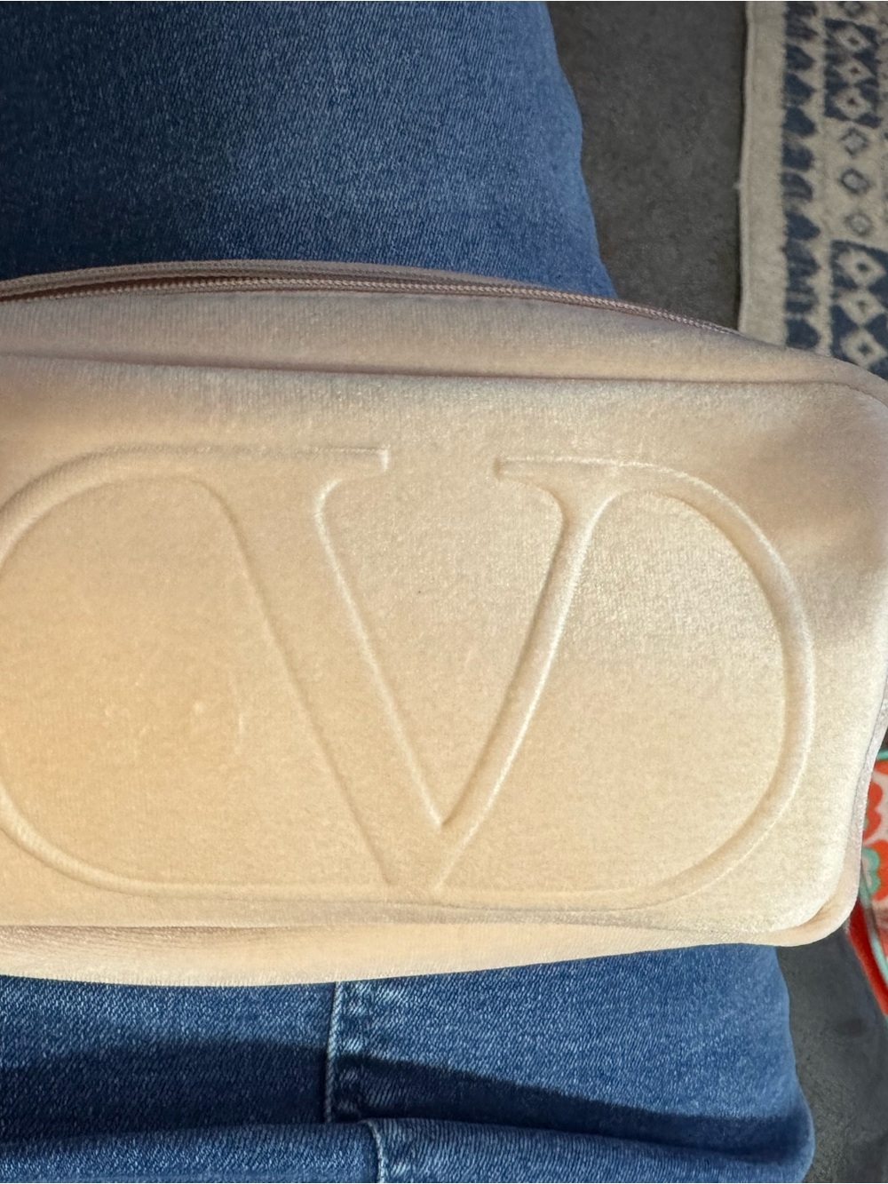 Valentino Beige Velvet V Logo Pouch